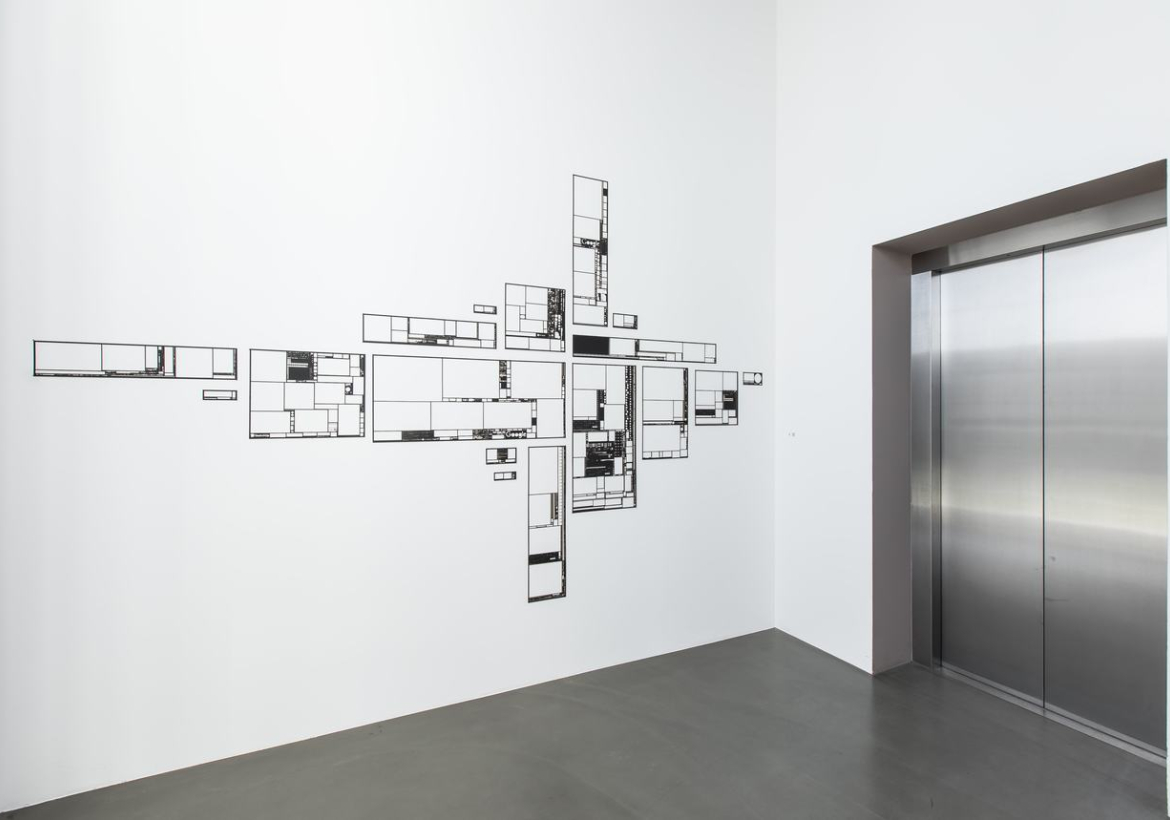 Ausstellungsansicht SCHAU....4, Evan Roth, Silhouettes (May 11, 2016), 2016, 1030g drawing board, 215 x 335 cm, Foto: Gernot Gleiss (c) Evan Roth 